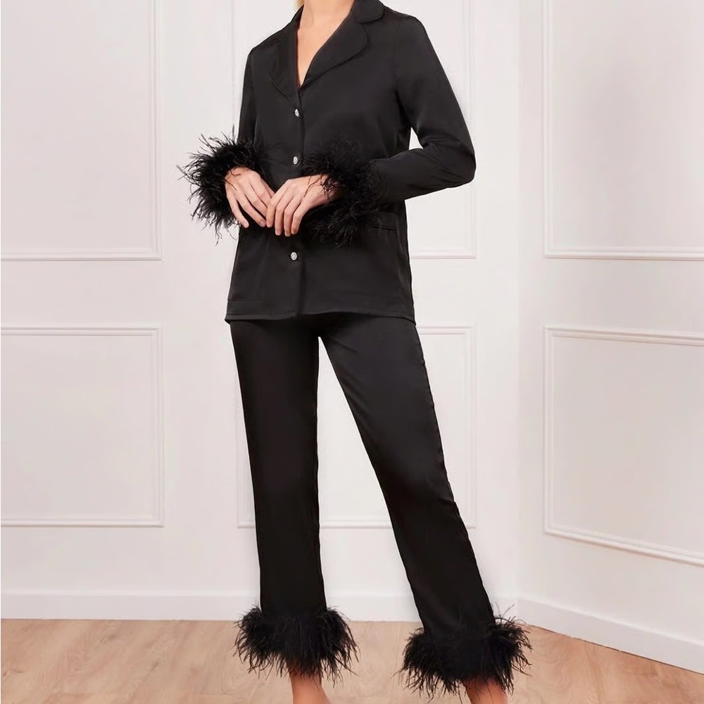 NADINE MERABI Black Feather Accent Pajama Set NEW W/TAGS just need a good steam
